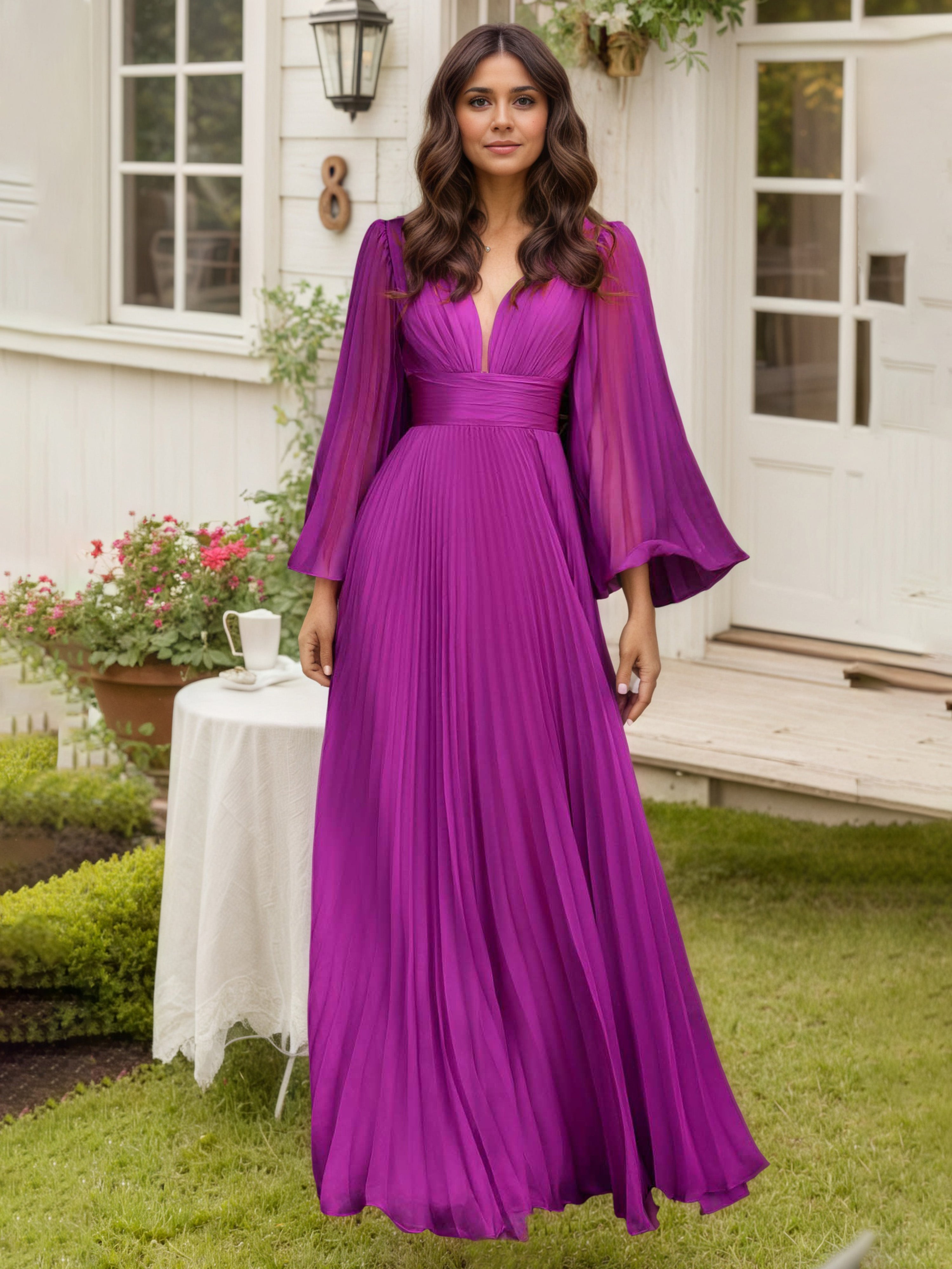Robe de Soirée Longue Plissée ORCHIDEE Col V Robe Mousseline Trapèze Manches Longue