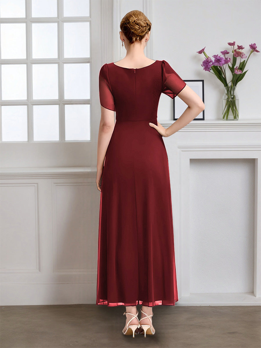 Cicinia Robe pour Mère de la Mariée BORDEAUX Longue A-Line en Mousseline Manches Courtes Décolleté en V Longueur Cheville