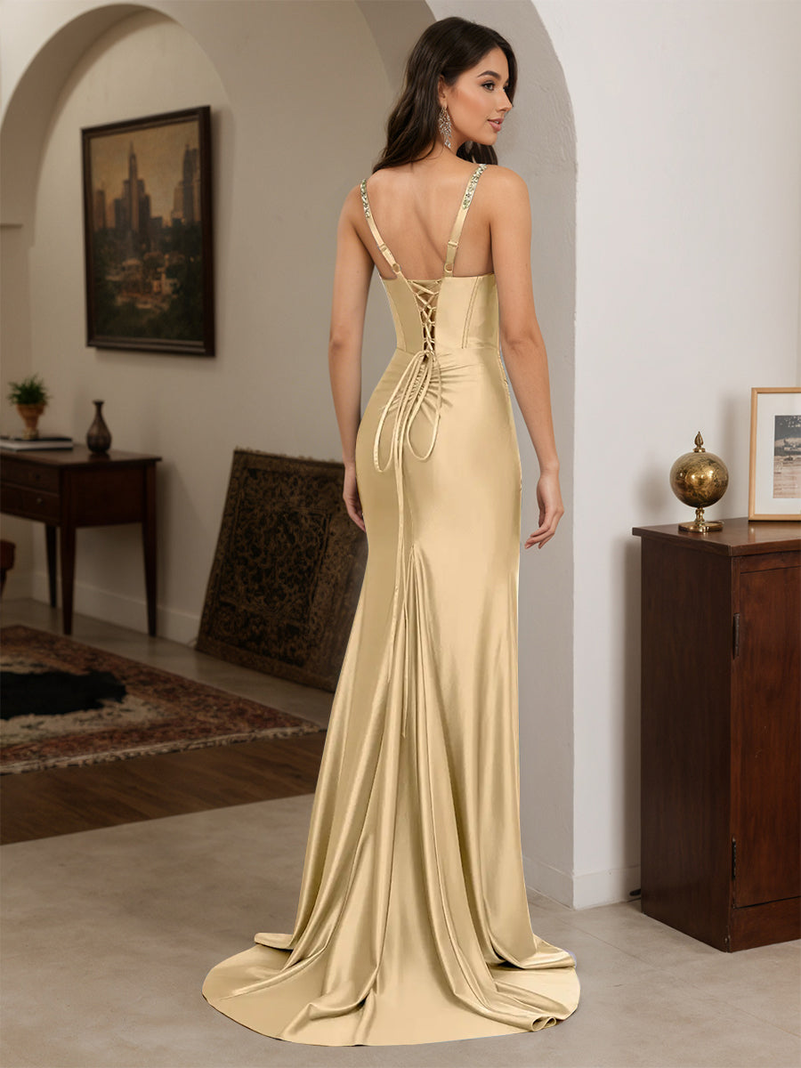 Cicinia Robe de Soirée CHAMPAGNE Longue Fourreau Perlé Dos Nud à Bretelles
