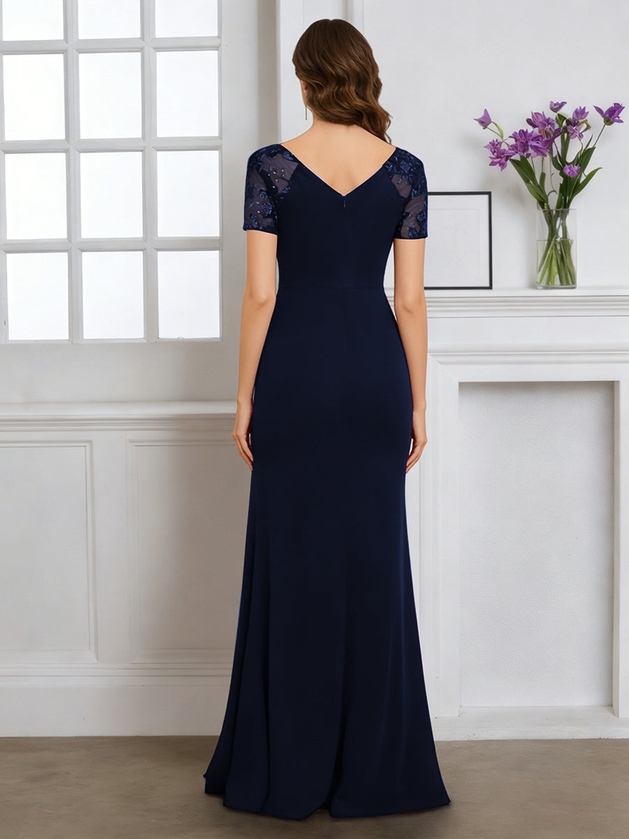 Cicinia Robe pour Mère de la Mariée BLEU MARINE Longue en Tissu Extensible Fourreau Décolleté en V Fente