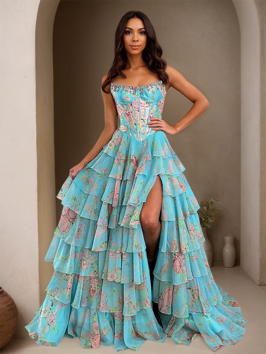 Cicinia PISCINE Robe de Soirée Longue en Tissu Imprimé A-Line sans Manches Fente à Volants
