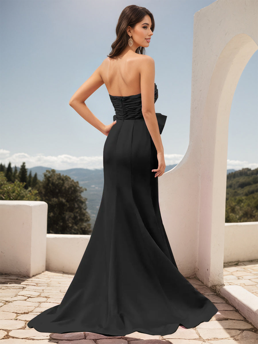 Cicinia Robe de Soirée NOIR Longue en Tissu Extensible Fourreau sans Bretelles Fente avec Grand Nœud Papillon