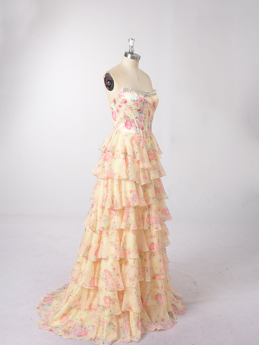 Cicinia Jaune Robe de Soirée Longue en Tissu Imprimé A-Line sans Manches Fente à Volants