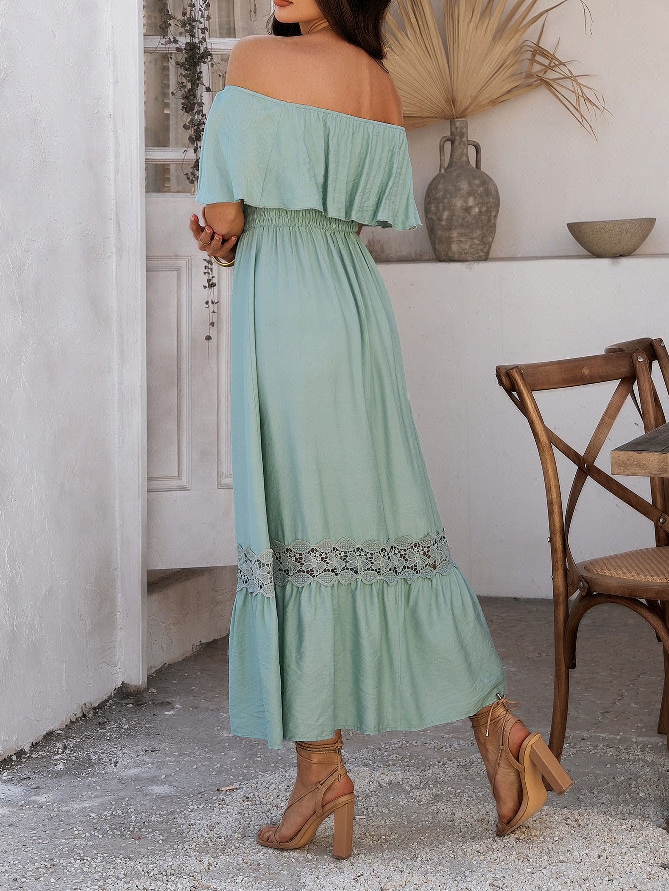 Robe Invitée Mariage Celadon Epaule Dénudée Manches Courtes Bustier Volanté