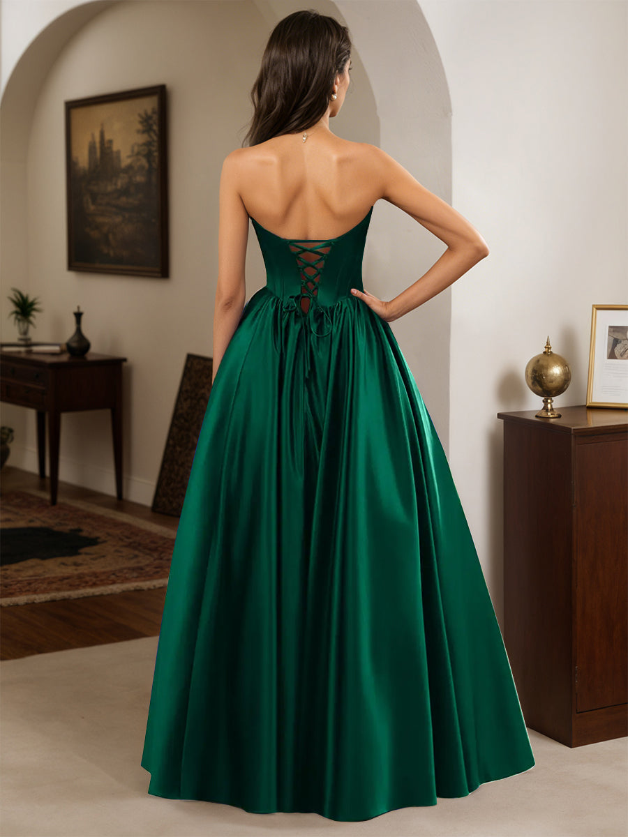 Cicinia VERT_FONCE Robe de Soirée Longue A-Line en Satin sans Bretelles Longueur Sol