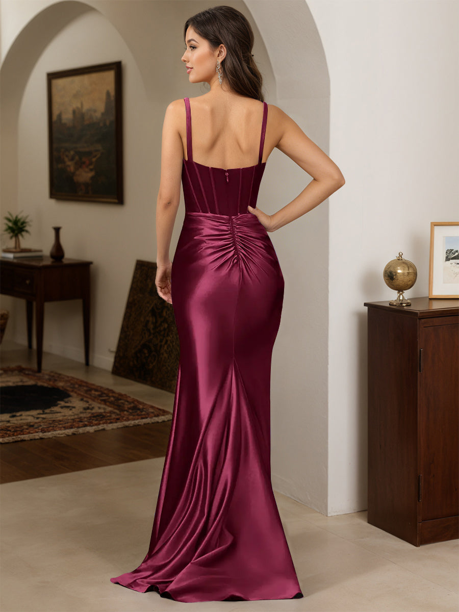 Cicinia Robe de Soirée Mûre Longue Fourreau en Satin Extensible Dos Nud sans Manches
