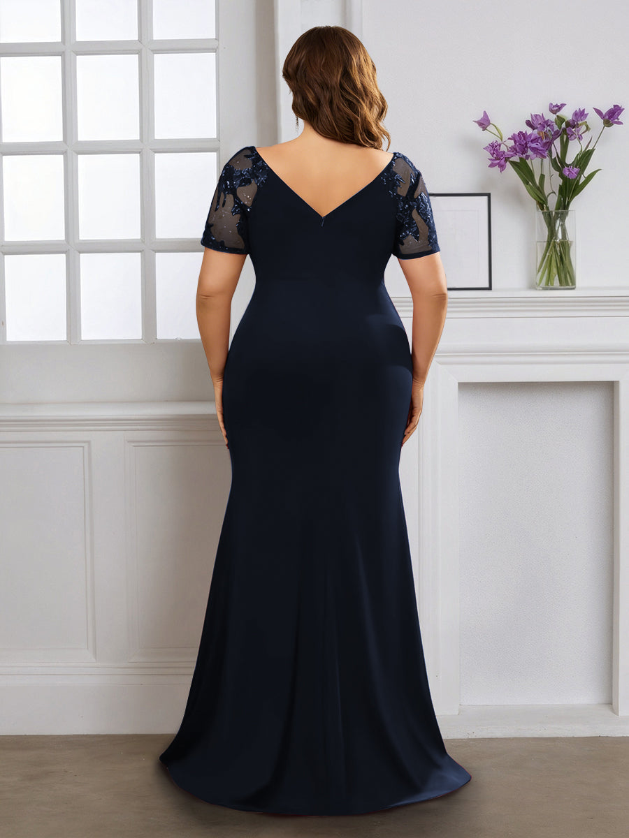 Cicinia Robe pour Mère de la Mariée BLEU MARINE Longue en Tissu Extensible Fourreau Décolleté en V Fente Gande Taille