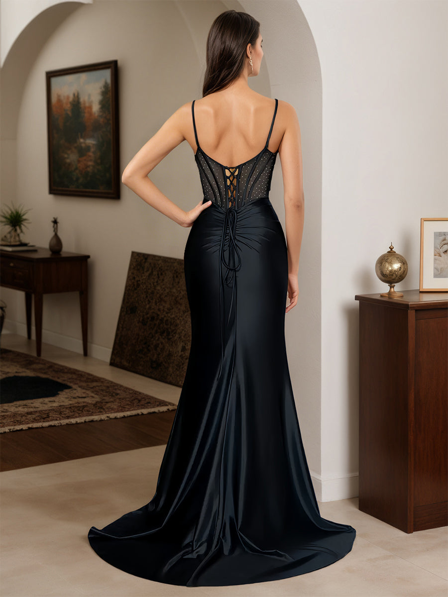 Cicinia Robe de Soirée Noir Longue Fourreau à Bretelles Spaghetti Dos Nud Fente