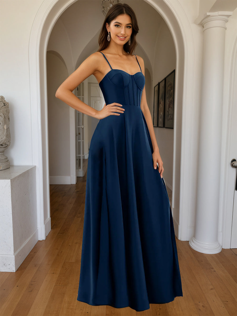Cicinia Bleu Marine Robe de Soirée Longue A-Line en Satin à Bretelles Spaghetti Décolleté Cœur Longueur Sol