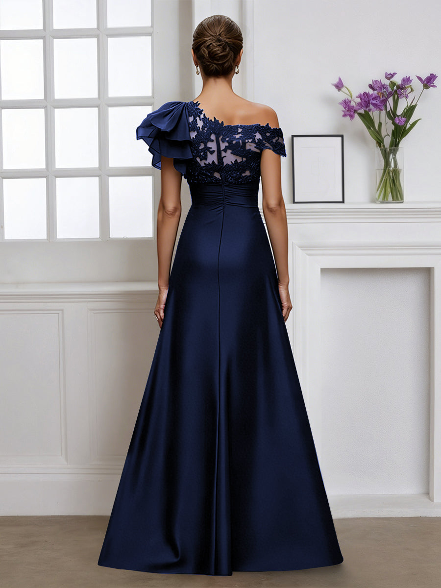 Cicinia Robe pour Mère de la Mariée BLEU MARINE Longue A-Line Une Épaule Longueur Sol