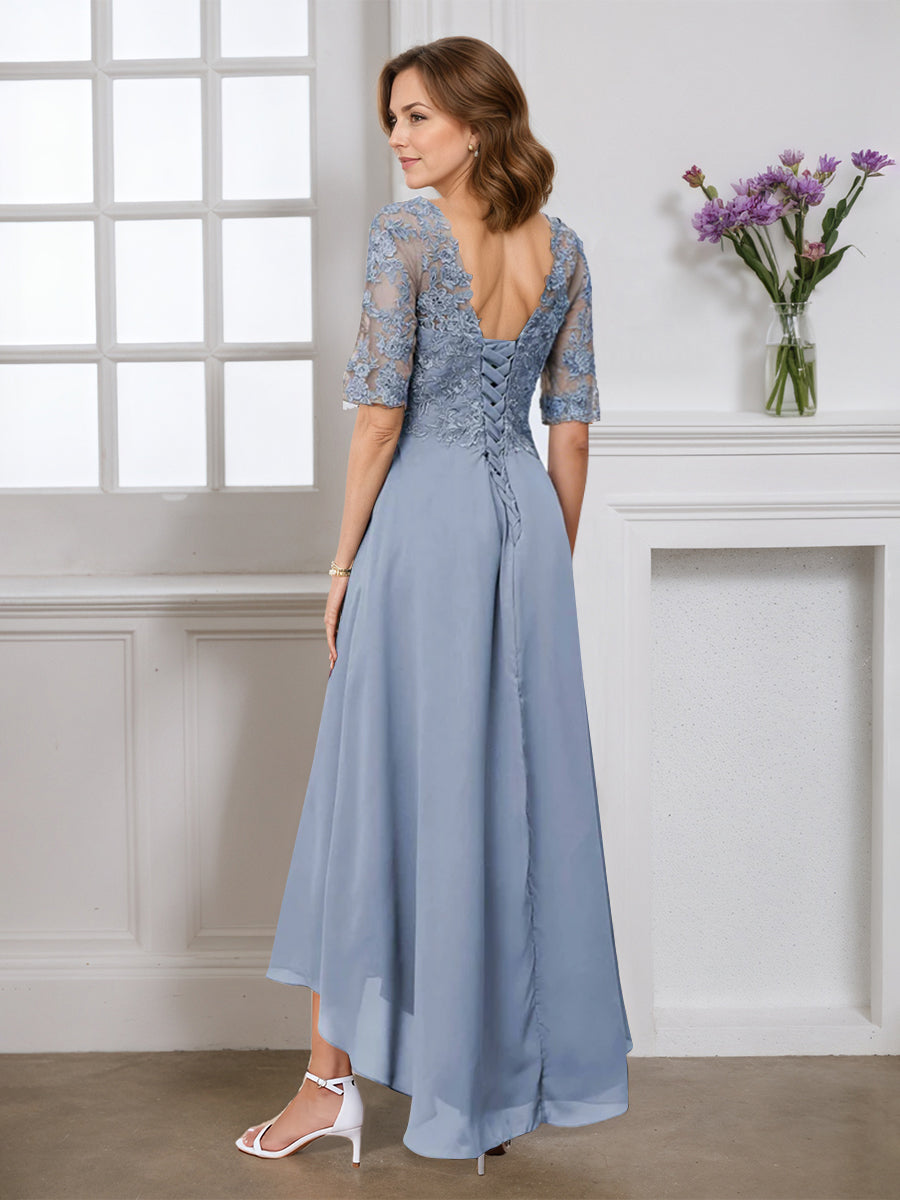 Cicinia Robe pour Mère de la Mariée BLEU POUDRE Longue A-Line en Mousseline Dentelle Manches Demi-longues Décolleté en V Ourlet Asymétrique