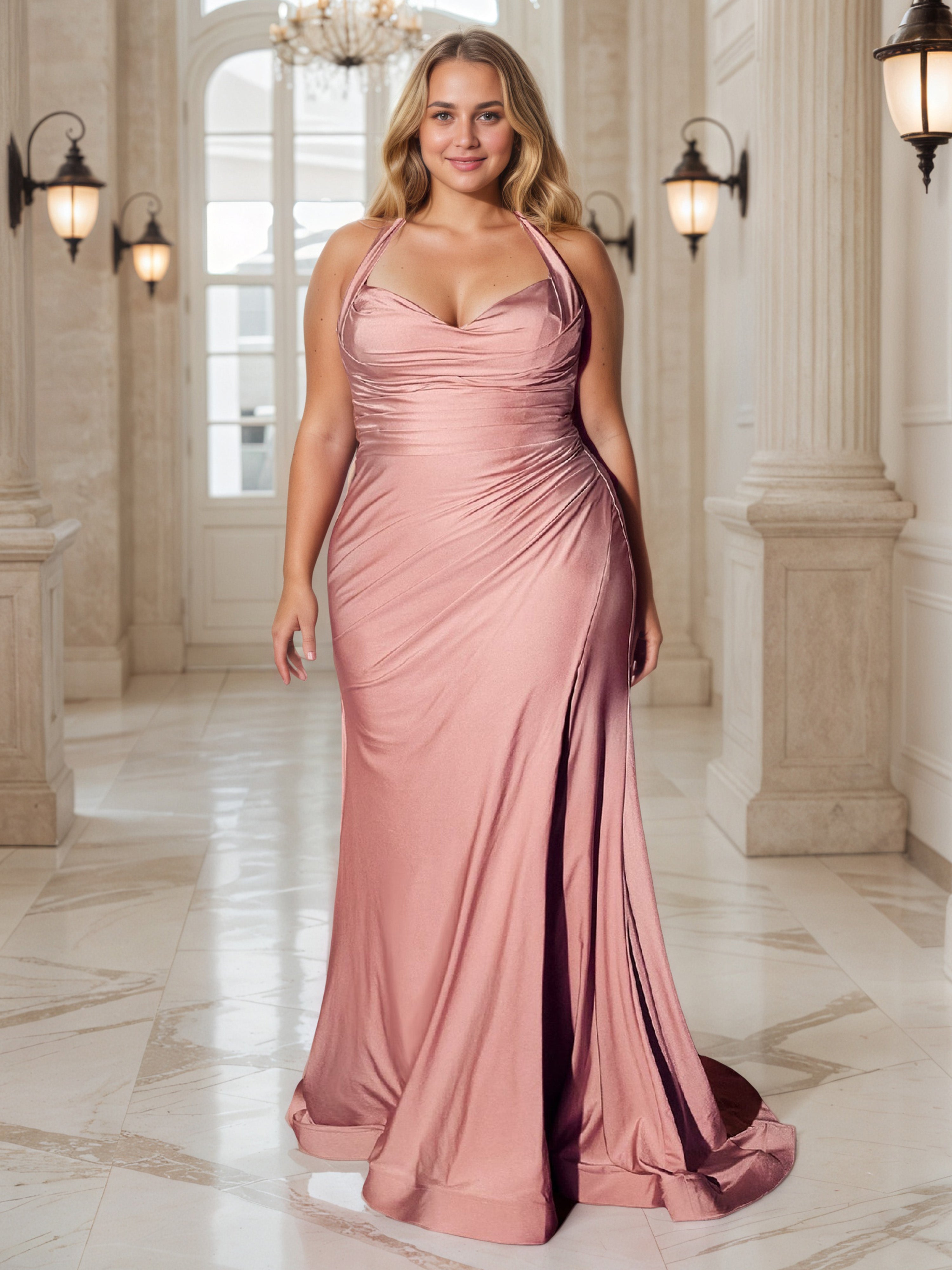 Robe de Bal ROSE_POUDRE  à Encolure Licou Grande Taille Coupe Sheath avec Plissés et Fente