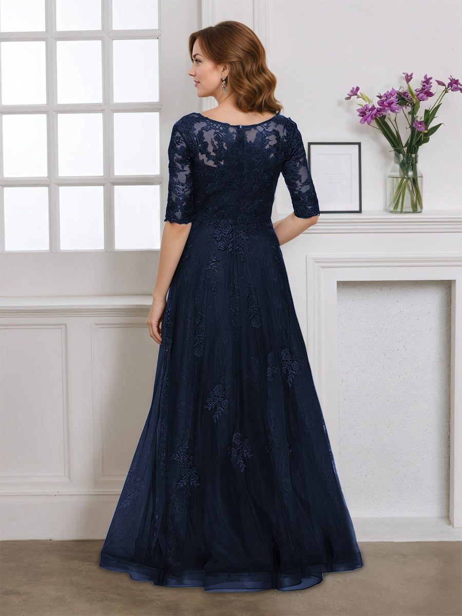 Cicinia Robe pour Mère de la Mariée BLEU MARINE Longue en Tulle Appliqués Dentelle Manches Demi-longues Longueur Sol