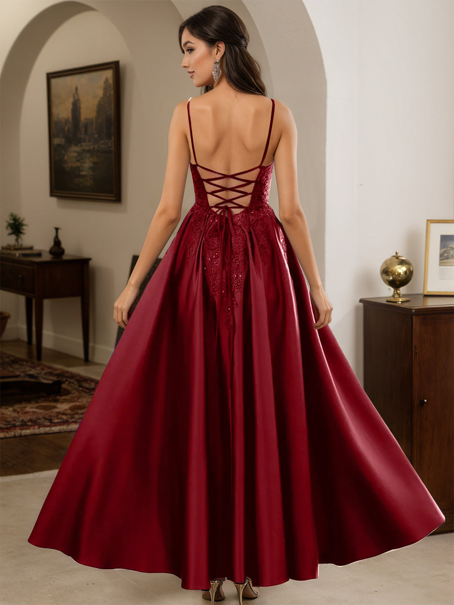Cicinia Robe de Soirée BORDEAUX Longue A-Line en Satin Appliqués Dentelle Longueur Sol