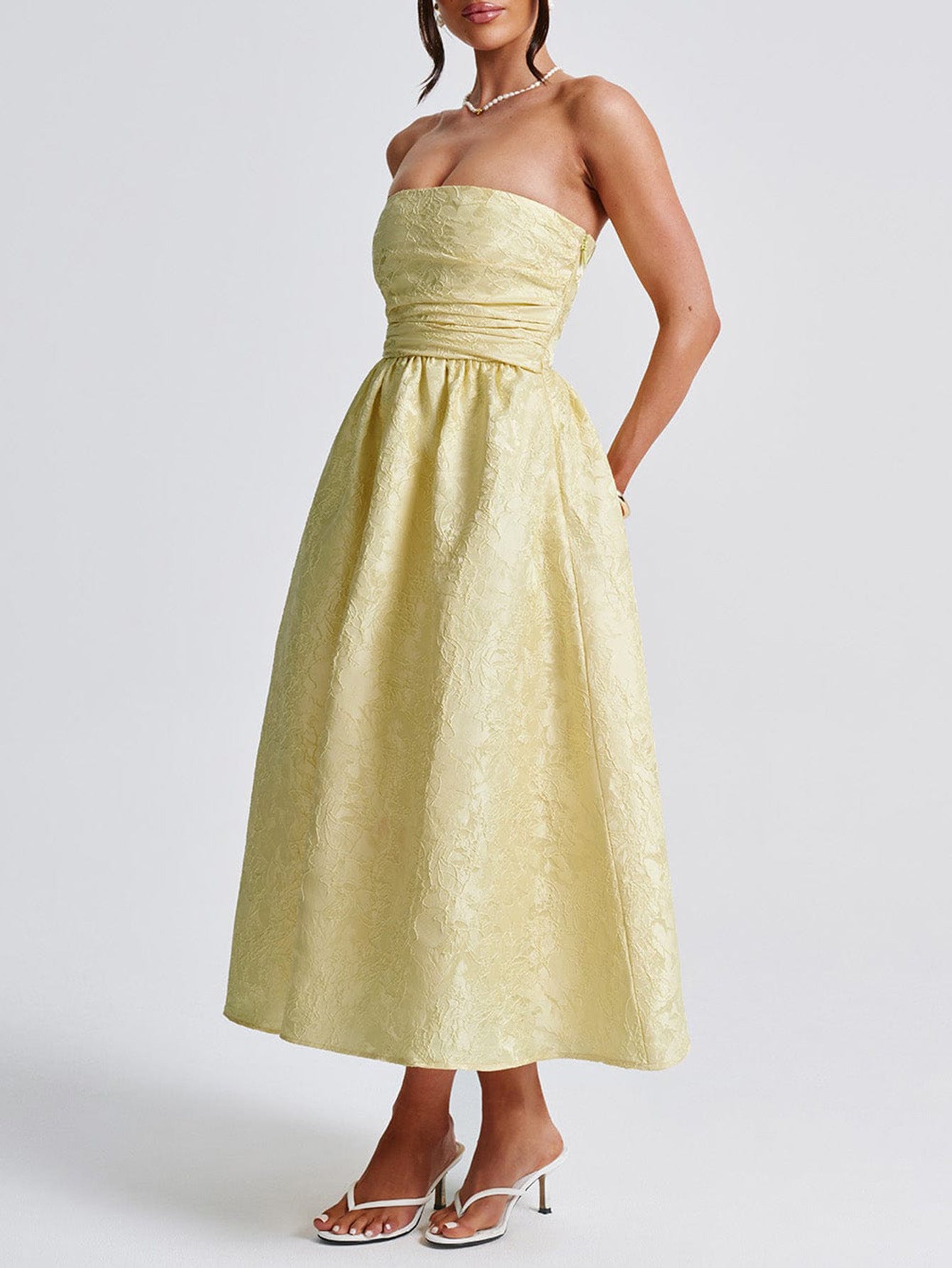 Robe Invitée Mariage JONQUILLE Florale Taille Empire Sans Bretelle