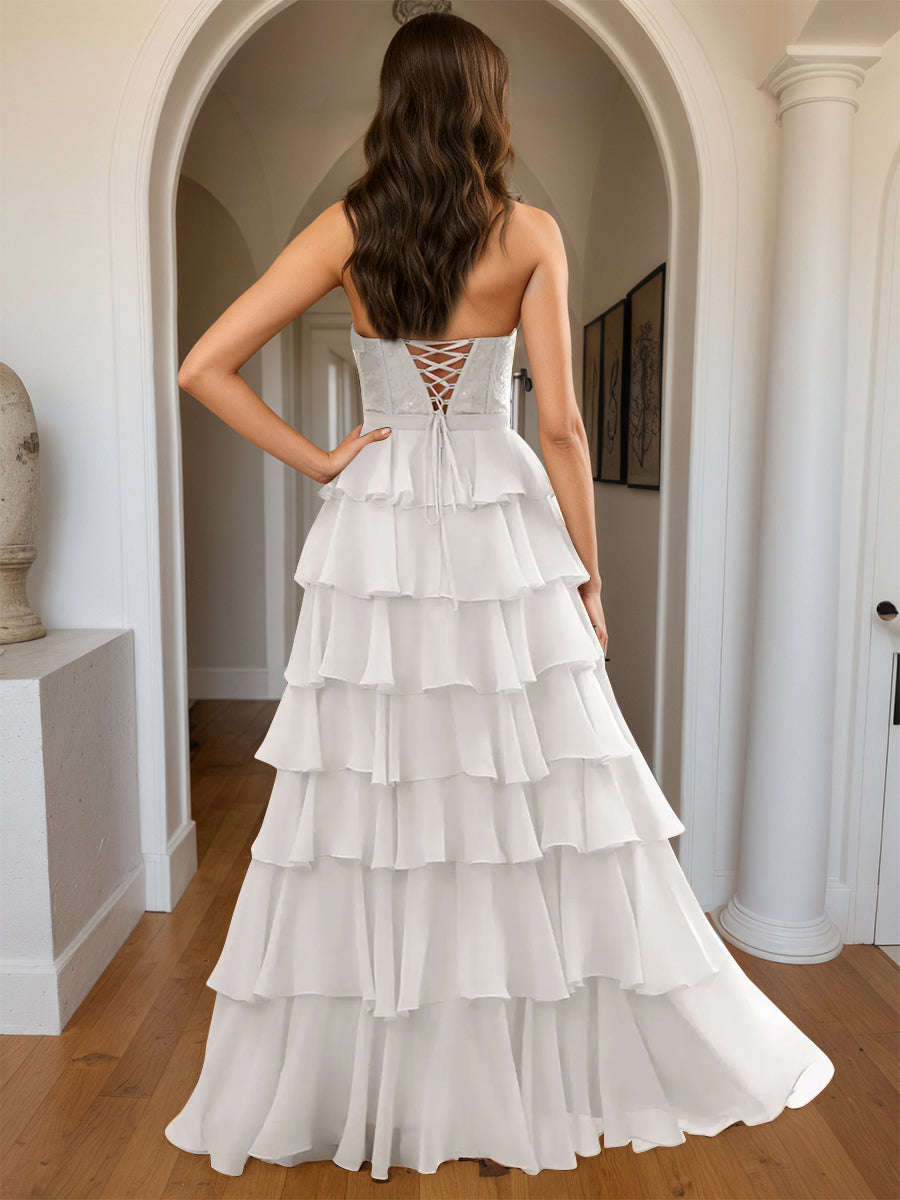 Cicinia Ivoire Robe de Soirée Longue A-Line en Mousseline Halter Dos Nud à Volants