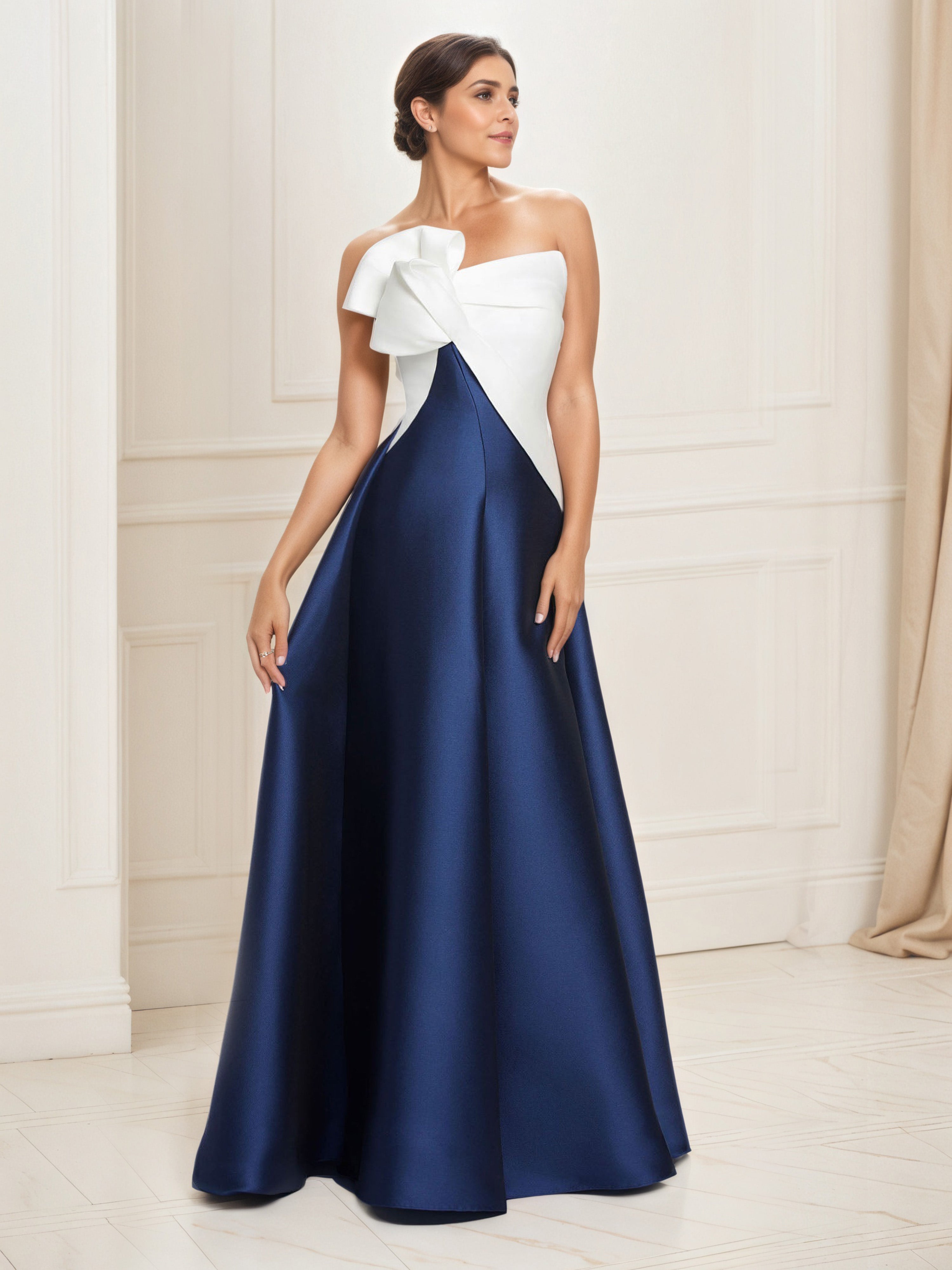 Robe de Bal Longue Blanche A-Line en Satin Sans Bretelles avec Volants Décoratifs