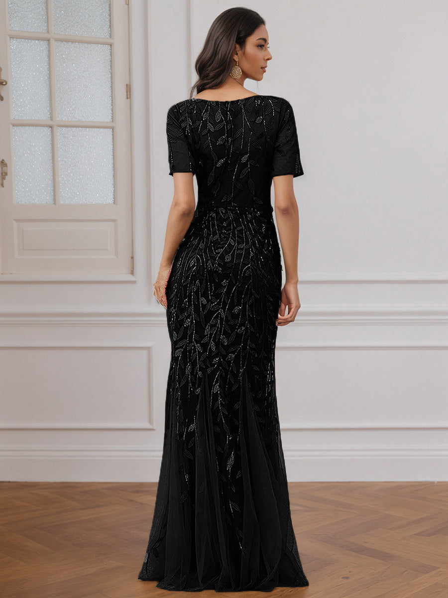 Cicinia Robe de Soirée en Noir Longue en Dentelle Manches Courtes Décolleté en Coeur Ravissante