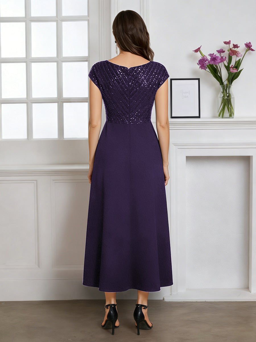 Cicinia Robe pour Mère de la Mariée Raisin Longue A-Line en Mousseline à Paillettes Décolleté en V Longueur Midi