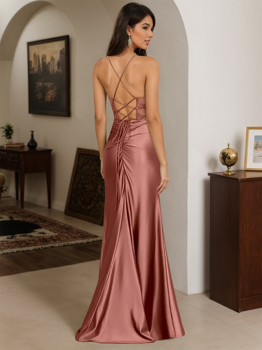 Cicinia Camé Marron Robe de Soirée Longue Fourreau en Dentelle Appliqués à Bretelles Spaghetti