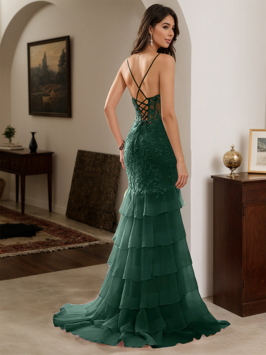 Cicinia Robe de Soirée VERT FONCE Longue Fourreau en Mousseline Appliqués Dentelle à Volants à Bretelles Spaghetti