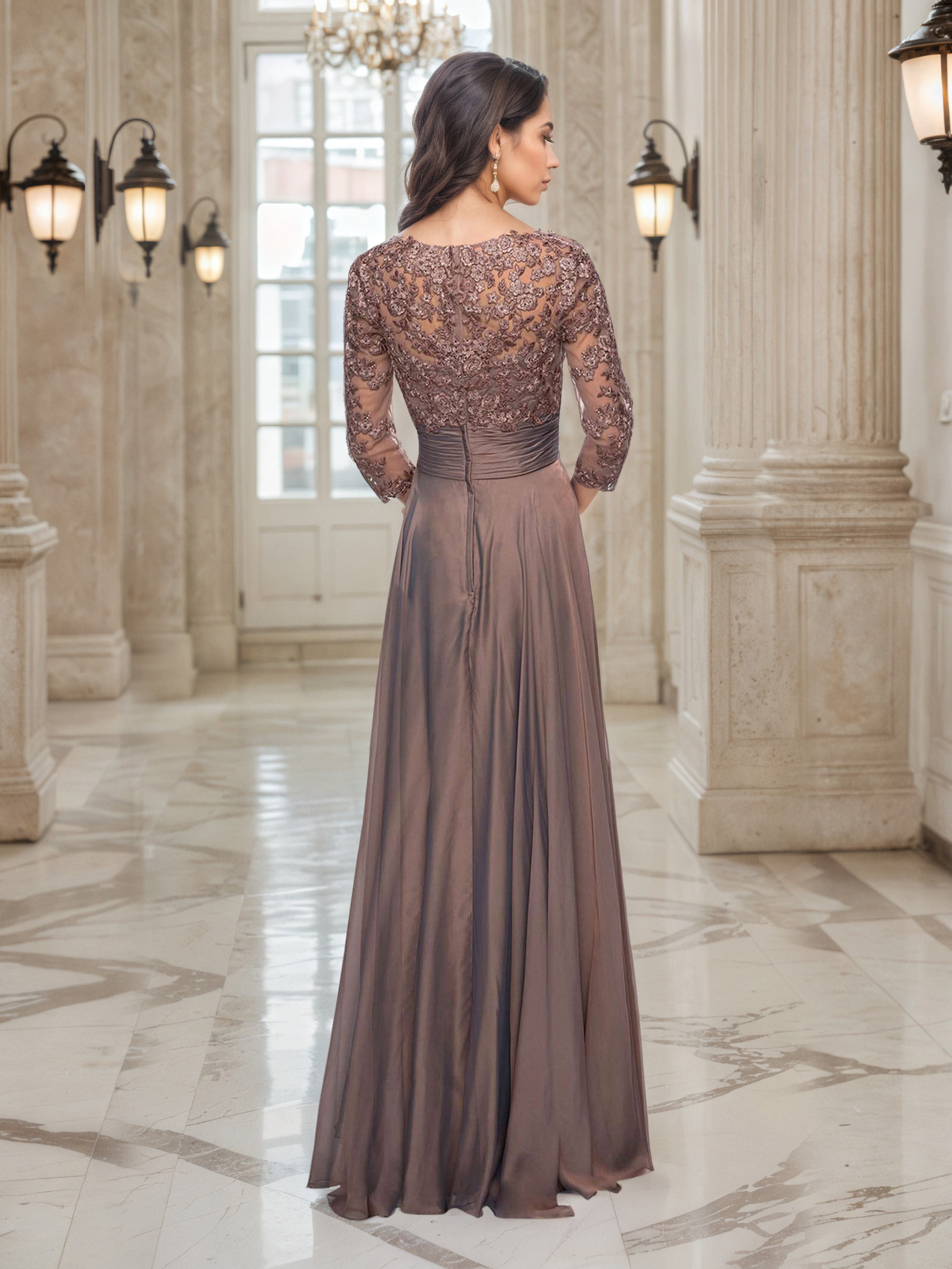 Elégante Robe de Soirée BRUN Col V Trapèze à Manches 3/4