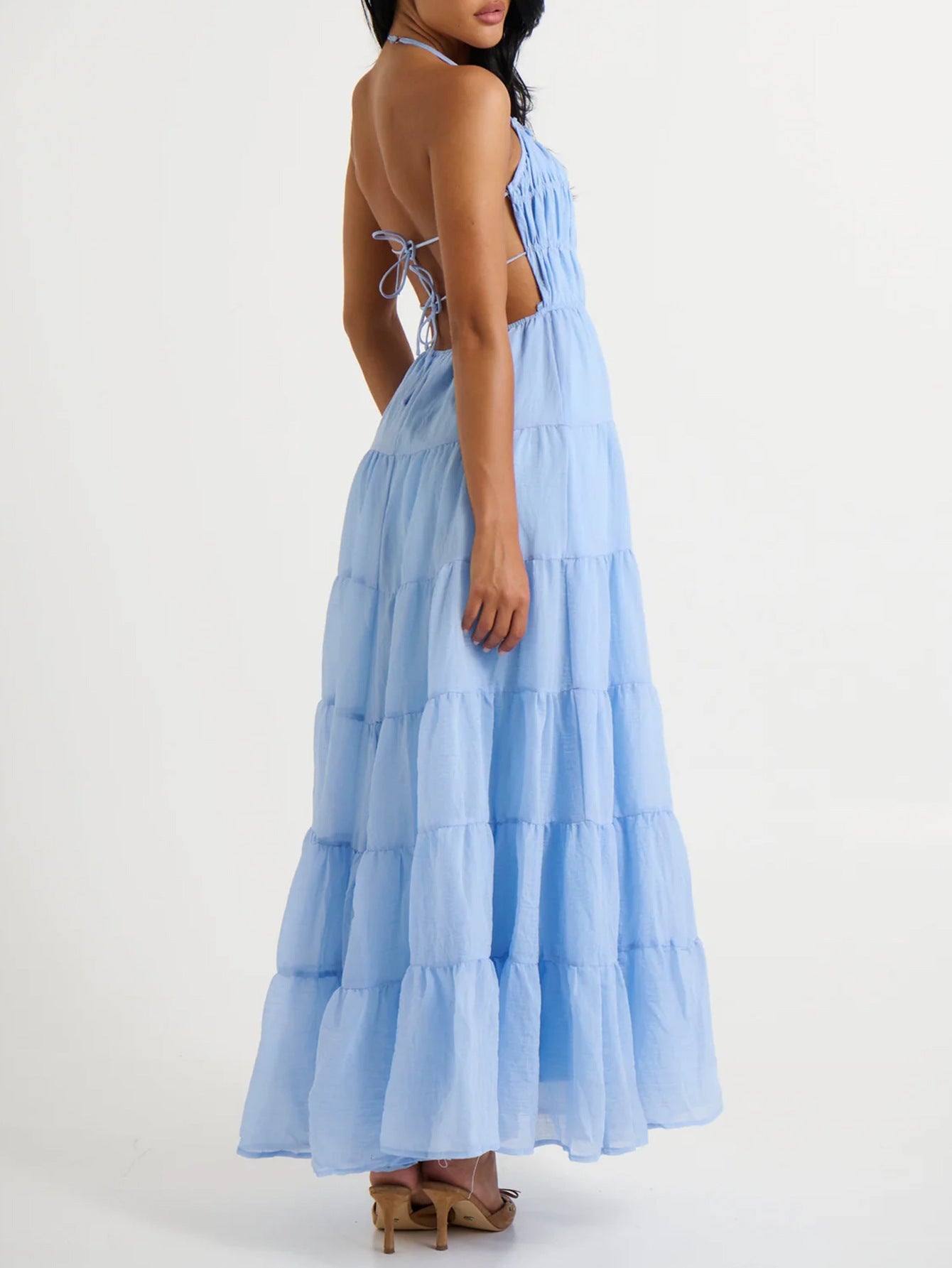 Robe Invitée Mariage BLEU_CIEL Licou Dos Nud Coupe Cintrée Longueur Cheville