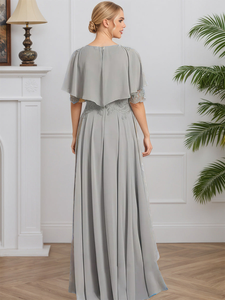Cicinia Gris Robe pour Mère de la Mariée Longue en Mousseline et Dentelle A-Line Manches Demi-longues