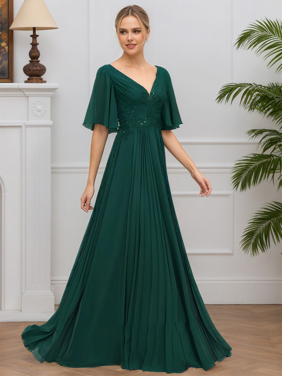 Cicinia Vert Foncé Robe pour Mère de la Mariée Longue en Mousseline et Dentelle A-Line Décolleté en V Modeste