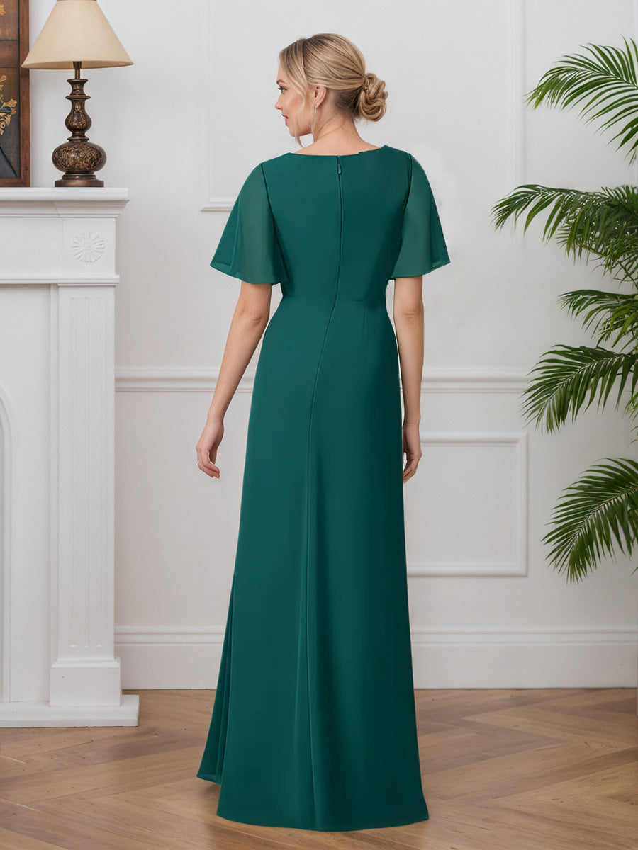 Cicinia Paon Robe pour Mère de la Mariée Longue en Mousseline A-Line Manches Courtes Perlé Fluide