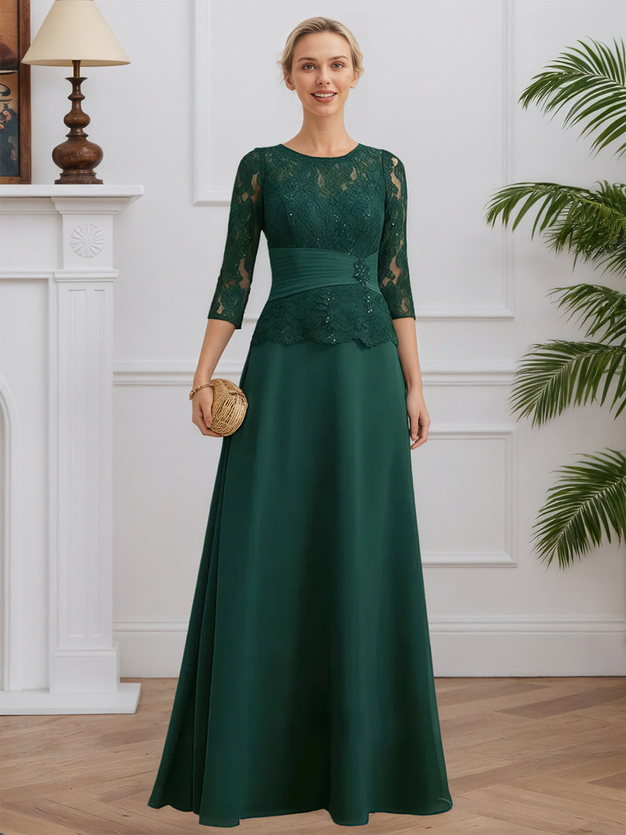 Cicinia Vert Foncé Robe pour Mère de la Mariée Longue en Chiffon et Dentelle A-Line Manches Trois-Quarts