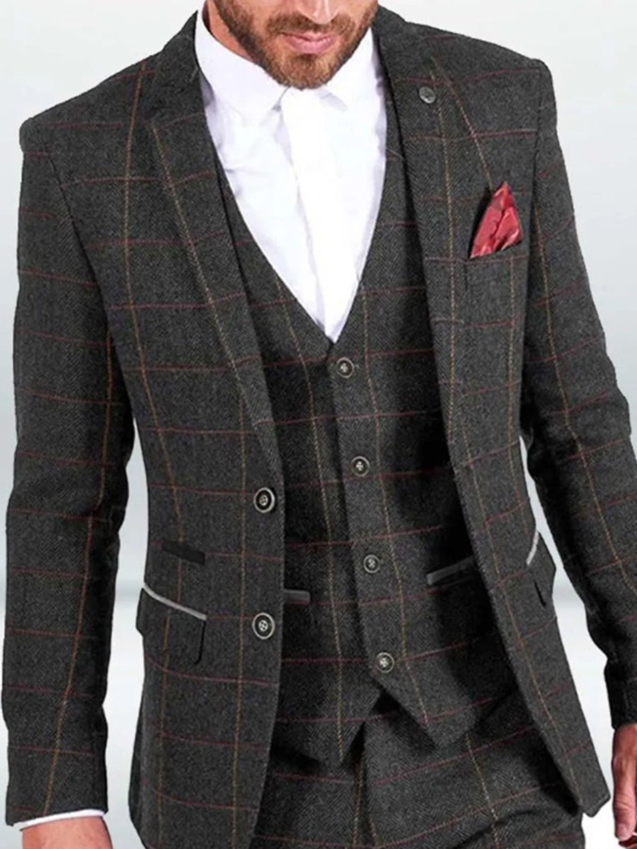 Costume Homme 3 Pièces en Noir Nouvelle Collection Tweed à Motifs Chevron et Carreaux Coupe Slim Affaires & Cérémonie