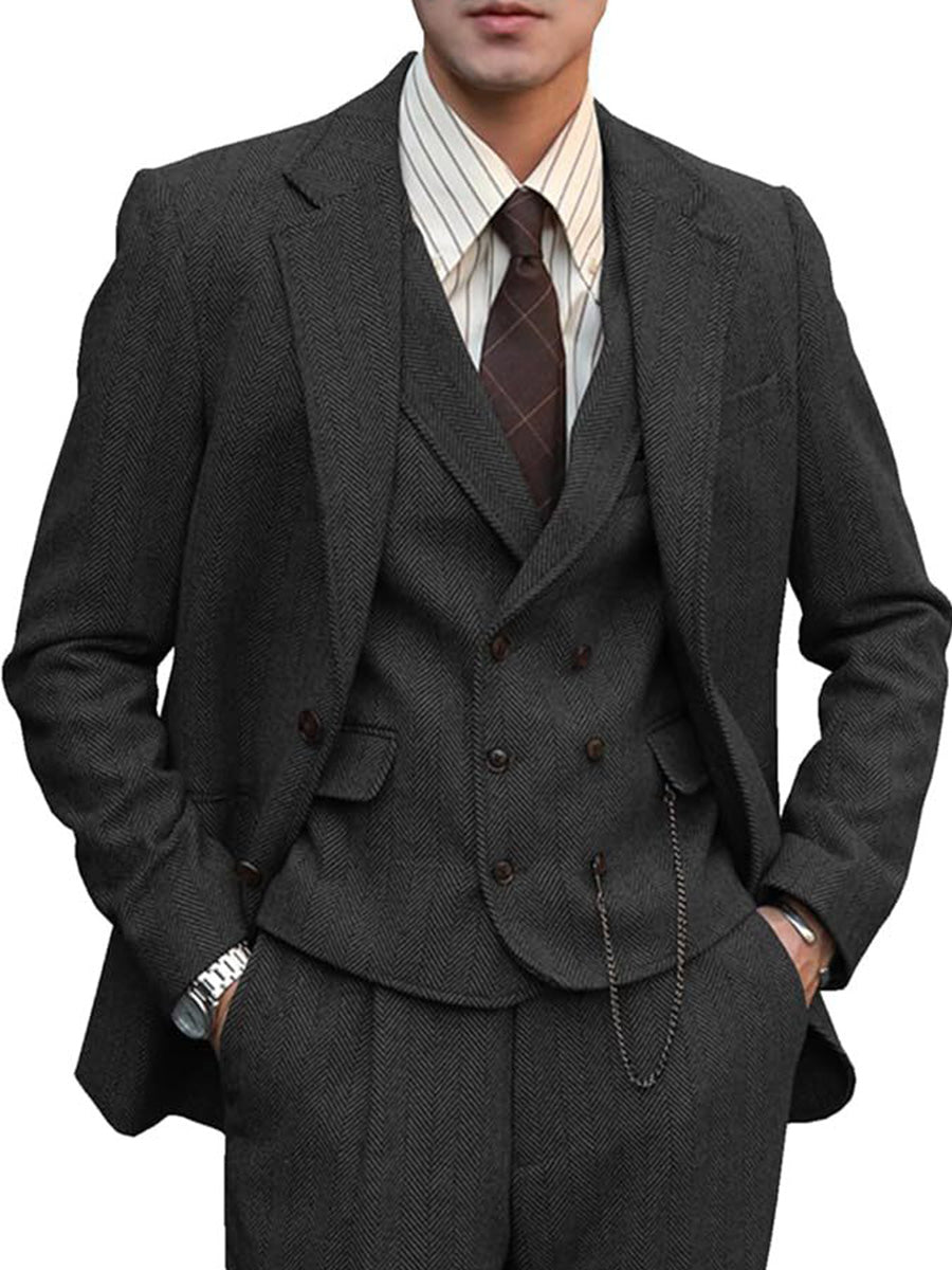 Costume 3 Pièces en NOIR Élégant à Motif Chevron Tenue Haut de Gamme pour le Marié et la Réception