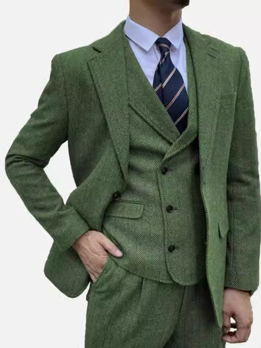 Costume Homme 3 Pièces en VERT en Tweed à Motif Chevron Style Rétro et Coupe Slim pour Affaires Décontracté