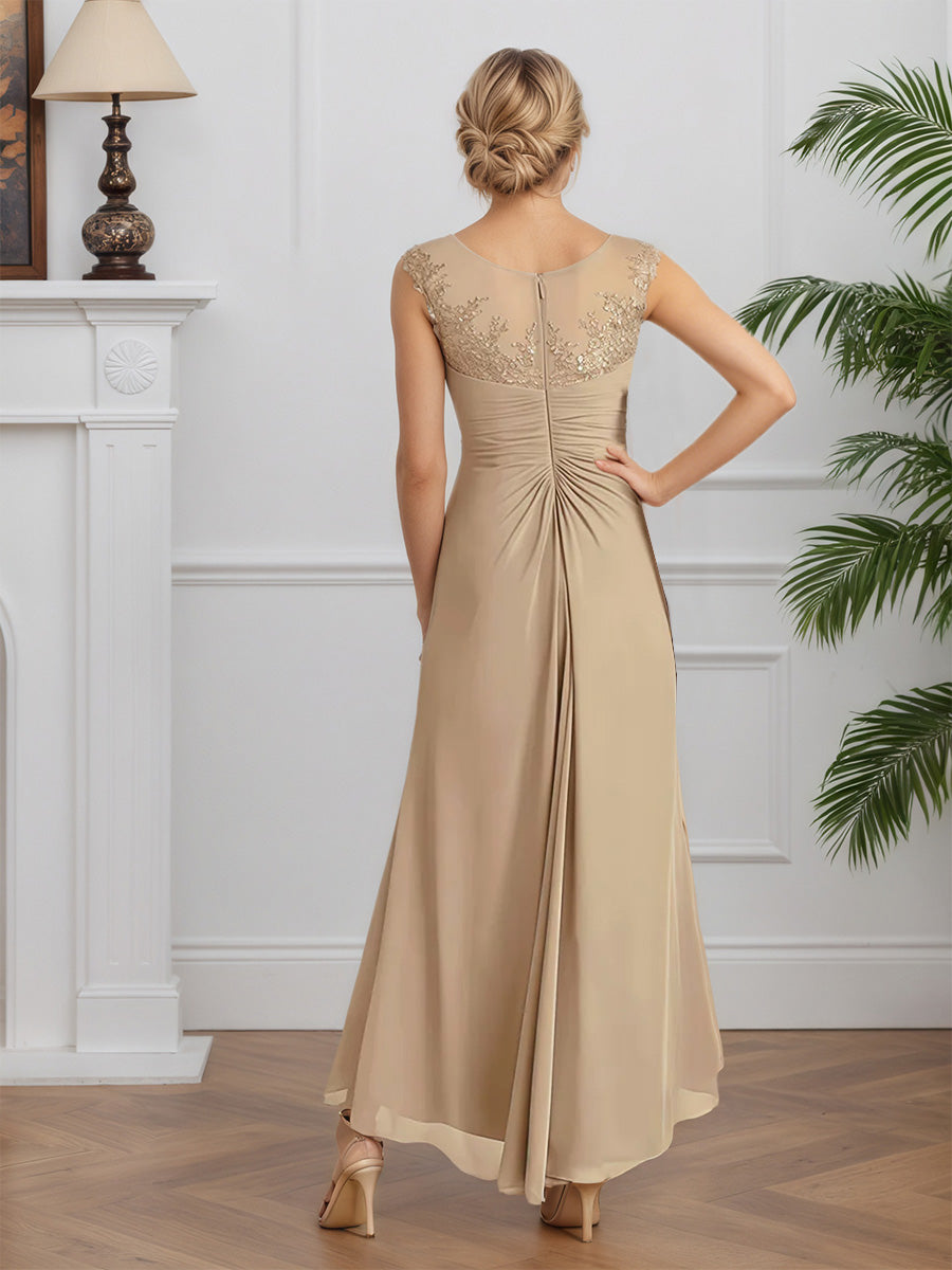 Cicinia Champagne Robe pour Mère de la Mariée Longue Col Rond en Mousseline et Dentelle A-Line Longueur Sol
