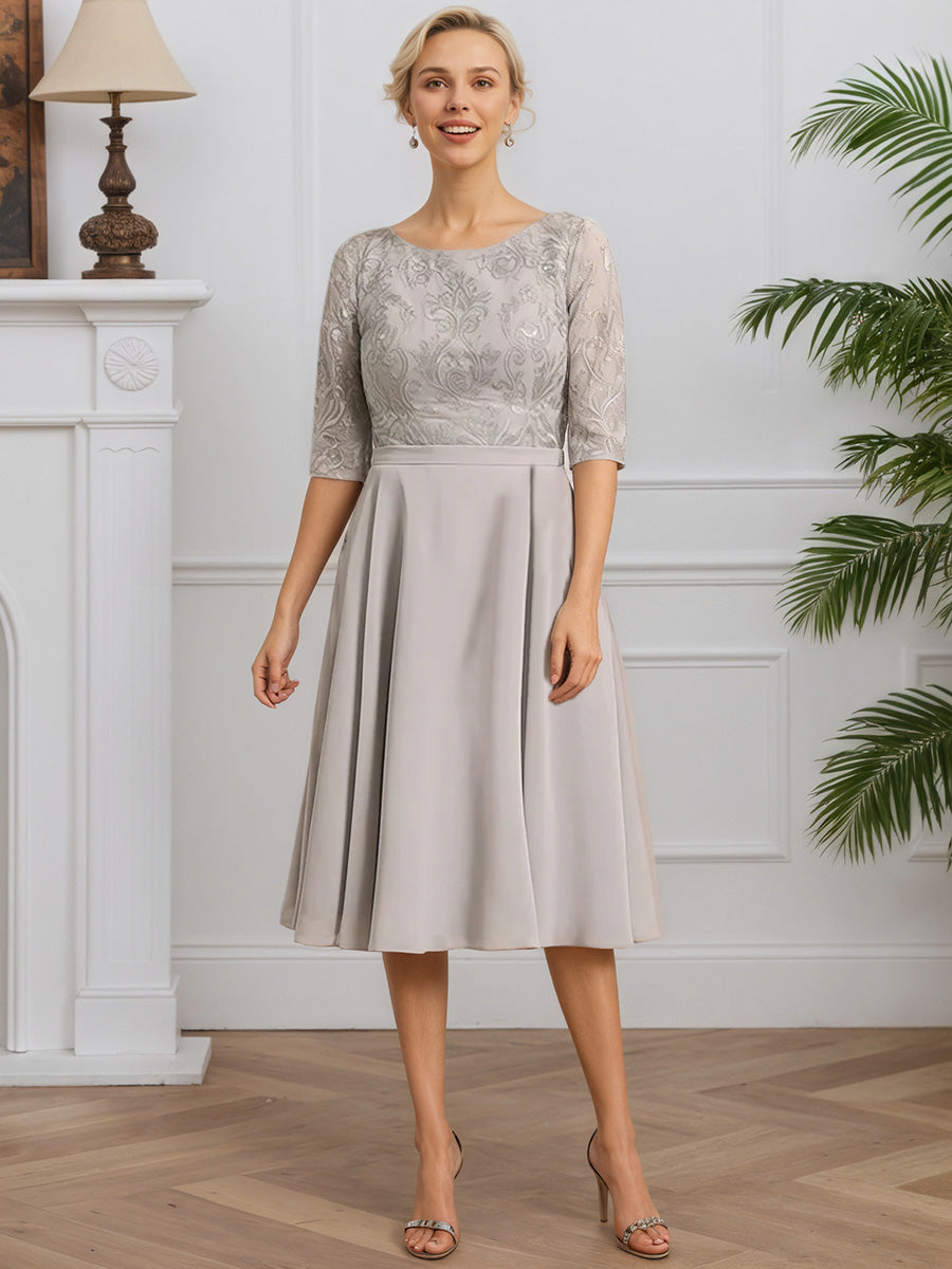 Cicinia Taupe Robe pour Mère de la Mariée Courte en Dentelle et Mousseline A-Line Longueur Genoux Manches Demi-longues
