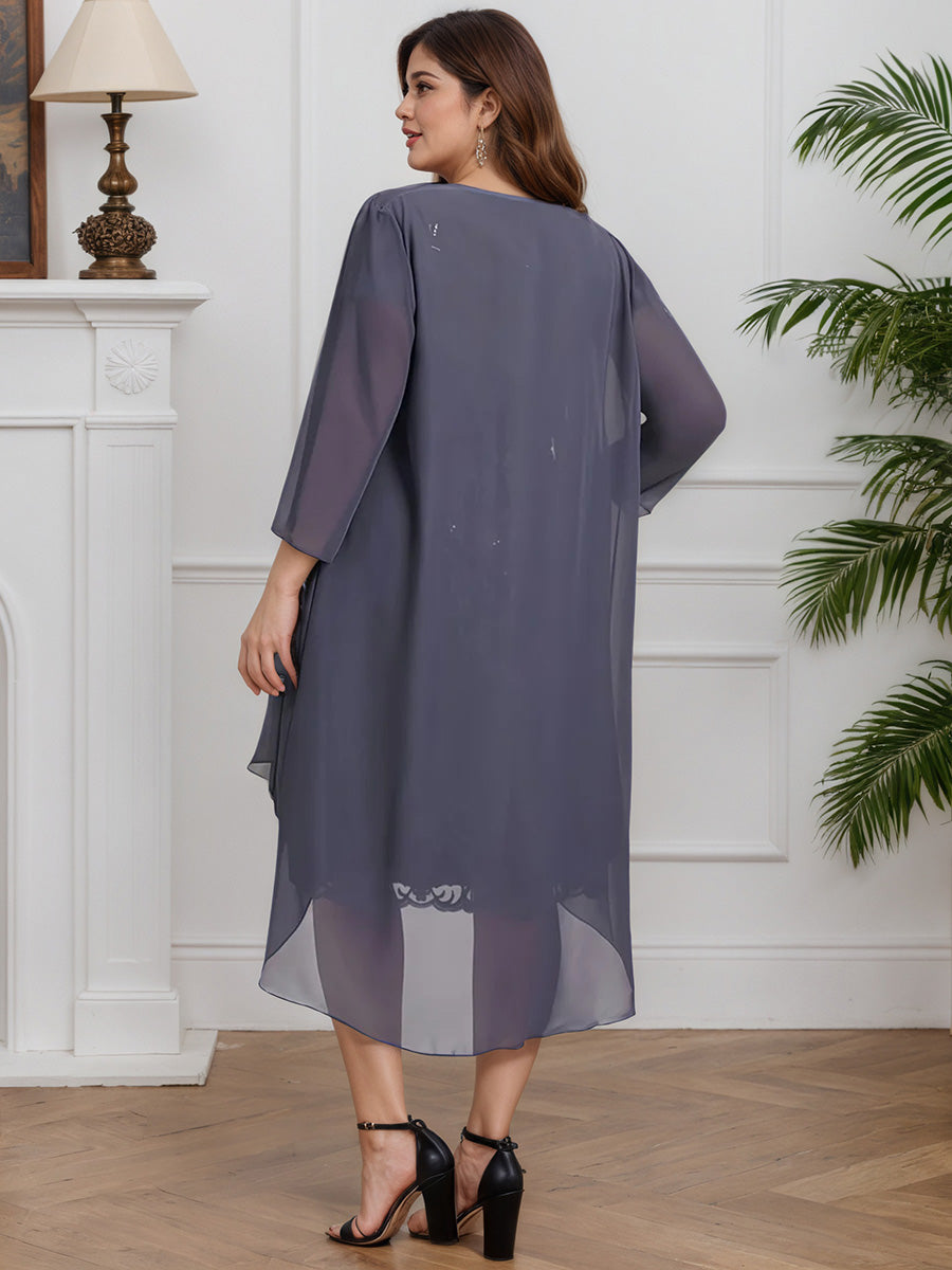 Cicinia Tempête Robe avec Veste pour Mère de la Mariée Courte en Mousseline et Dentelle Fourreau Longueur Genoux Grande Taille