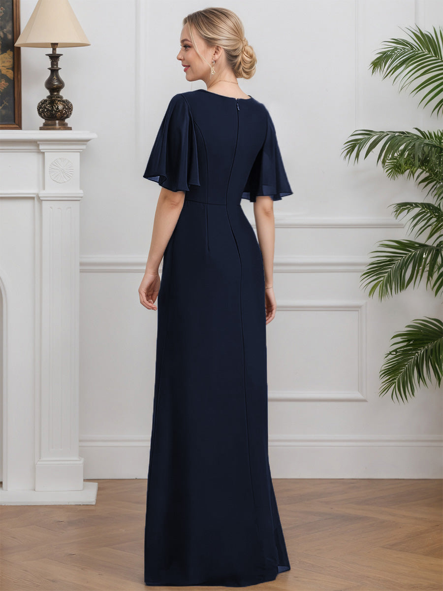 Cicinia Bleu Marine Foncé Robe pour Mère de la Mariée Longue en Mousseline Fourreau Manches Demi-longues Longueur Sol