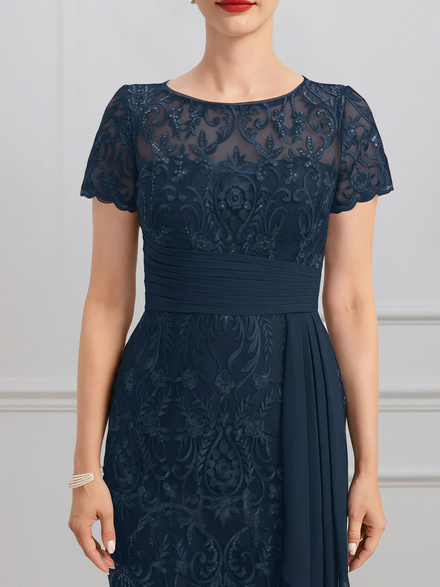 Cicinia Bleu Marine Foncé Robe pour Mère de la Mariée Courte en Mousseline et Dentelle Fourreau Longueur Genoux