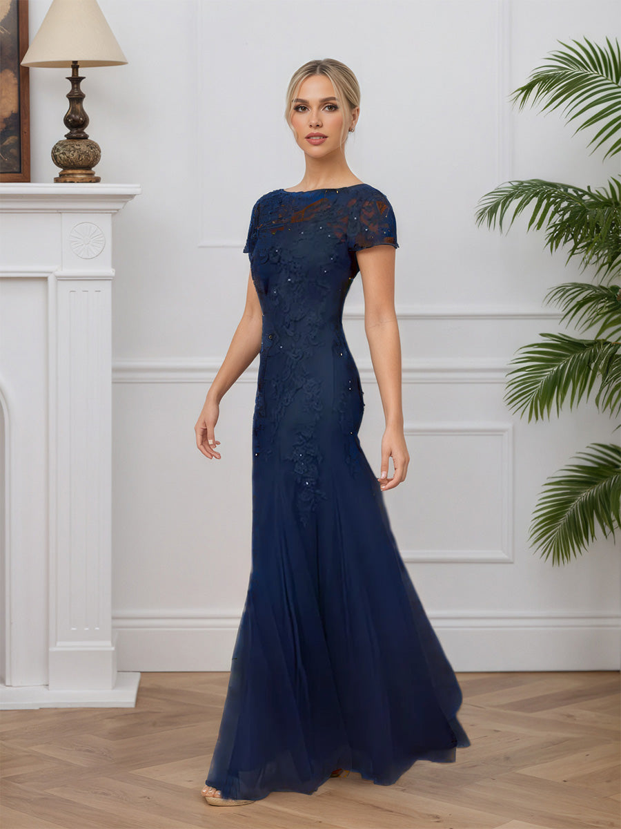 Cicinia Bleu Marine Foncé Robe pour Mère de la Mariée Longue en Dentelle et Tulle Sirène Longueur Sol