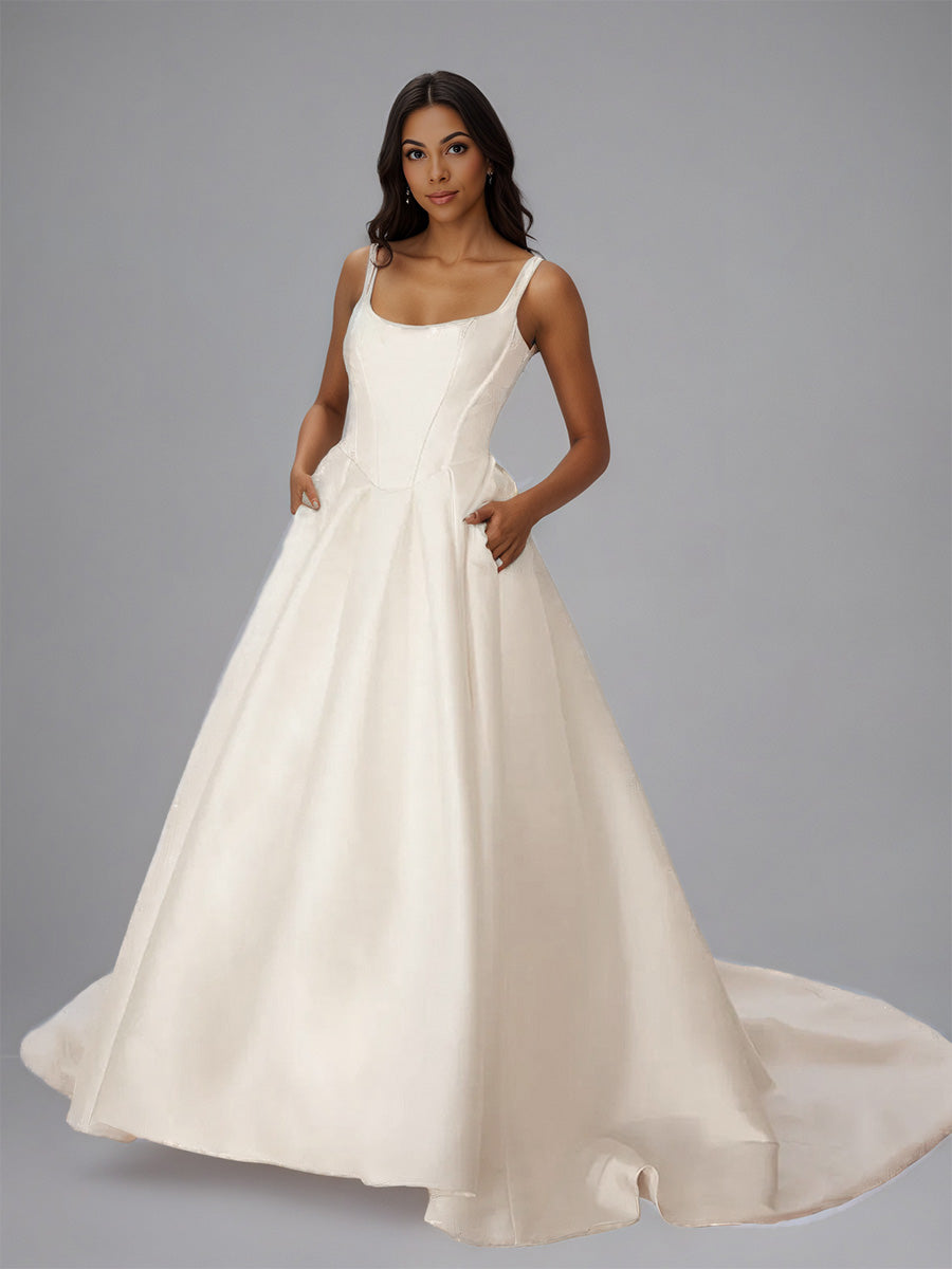 Cicinia Robe de Mariée en Satin sans Manches Décolleté Carré à Bretelles Élégante