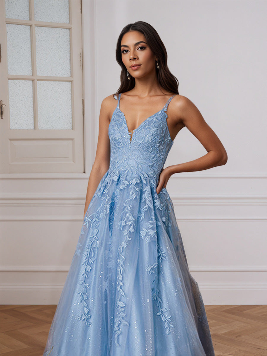 Cicinia Robe de Soirée BLEU CIEL Longue A-Line en Dentelle et Tulle Décolleté en V Longueur Sol Élégante
