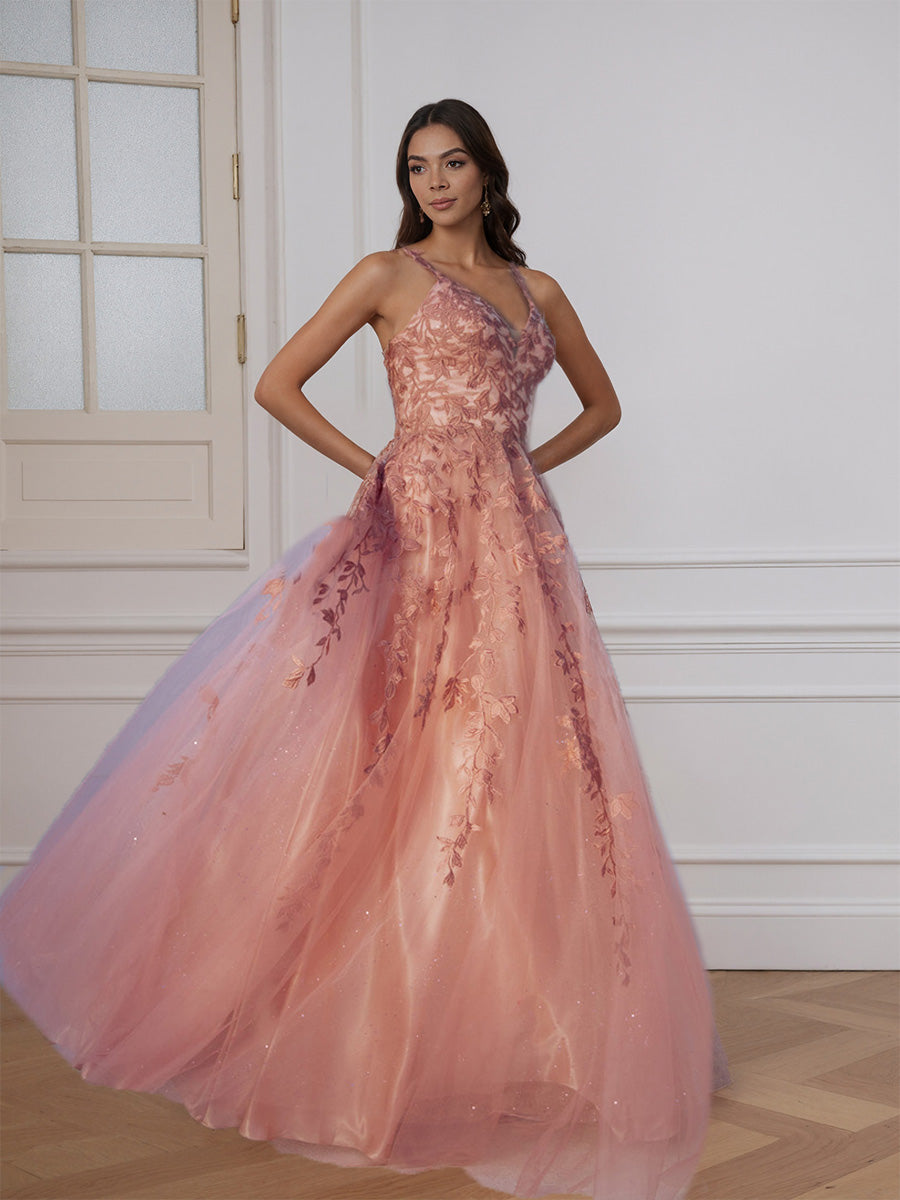 Cicinia Robe de Soirée ROSE Longue A-Line en Dentelle et Tulle Décolleté en V Longueur Sol Élégante