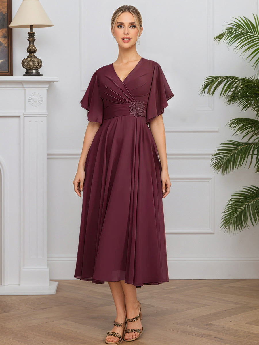 Cicinia Mûre Robe pour Mère de la Mariée Longue en Mousseline A-Line Manches Courtes Longueur Midi (Thé)