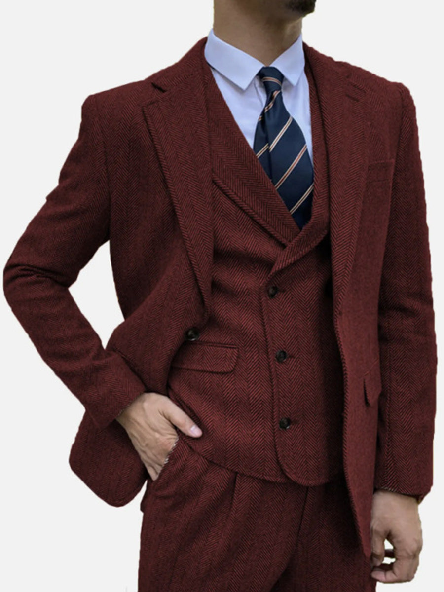 Costume Homme 3 Pièces en BORDEAUX en Tweed à Motif Chevron Style Rétro et Coupe Slim pour Affaires Décontracté