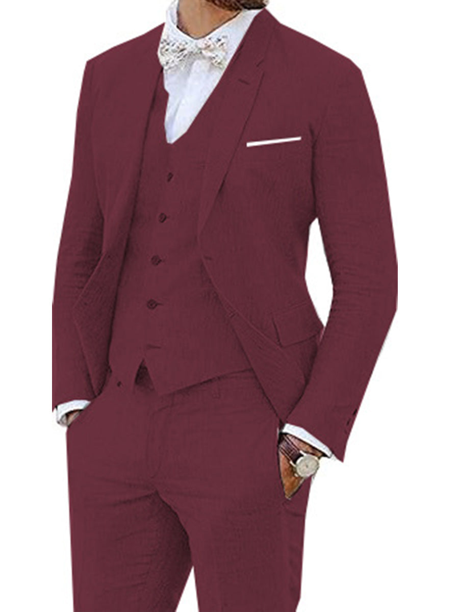 Costume 3 Pièces Homme en BORDEAUX en Lin Style Rétro avec Veste Queue-de-Pie pour Mariage et Bal