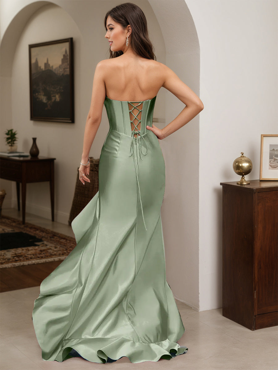 Cicinia Robe de Soirée SAUGE POUDREE Longue Fourreau sans Bretelles à Volants