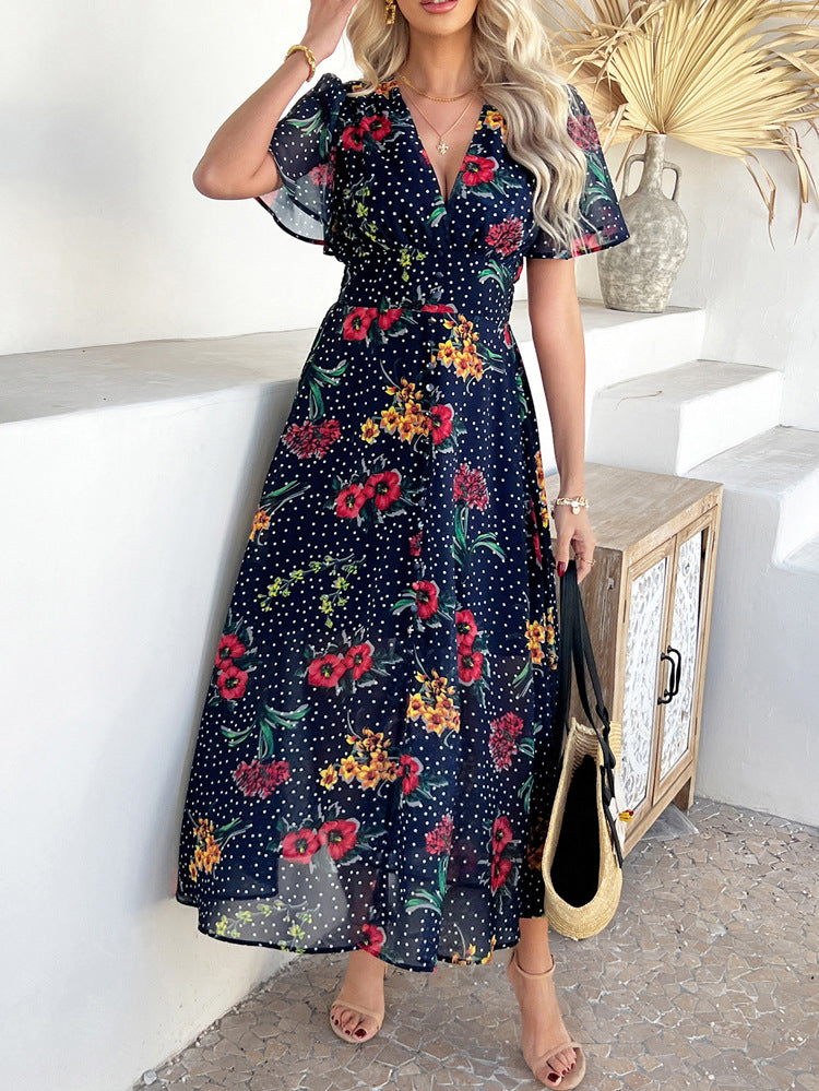 Robe de Mariée Invitée BLEU_MARINE Sexy en Mousseline Imprimé Florale à Manches Courtes