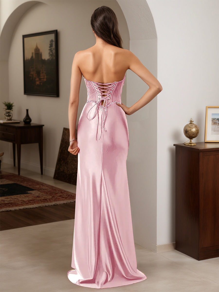 Cicinia Rose Robe de Soirée Longue Fourreau Perlé Décolleté Cœur Fente