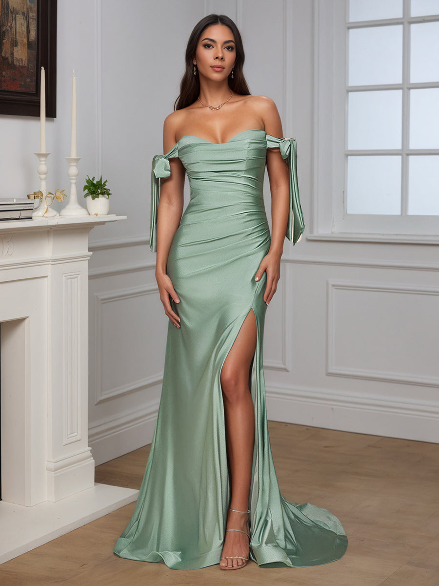Cicinia Robe de Soirée SAUGE POUDREE Longue Fourreau Épaules Dénudées Fente Ravissante avec Traîne Balayée